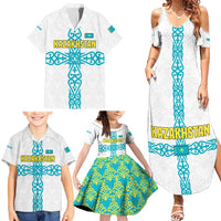 Kazakhstan National Symbols Family Matching Summer Maxi Dress and Hawaiian Shirt with Tribal Animal Crest and Blue Ethnic Motif on White