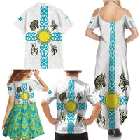 Kazakhstan National Symbols Family Matching Summer Maxi Dress and Hawaiian Shirt with Tribal Animal Crest and Blue Ethnic Motif on White