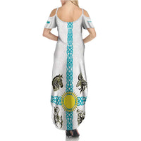 Kazakhstan National Symbols Family Matching Summer Maxi Dress and Hawaiian Shirt with Tribal Animal Crest and Blue Ethnic Motif on White
