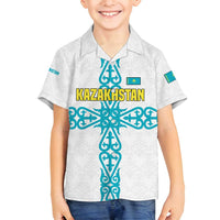 Kazakhstan National Symbols Family Matching Summer Maxi Dress and Hawaiian Shirt with Tribal Animal Crest and Blue Ethnic Motif on White