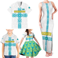 Kazakhstan National Symbols Family Matching Tank Maxi Dress and Hawaiian Shirt with Tribal Animal Crest and Blue Ethnic Motif on White