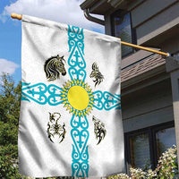 Kazakhstan National Symbols Garden Flag with Tribal Animal Crest and Blue Ethnic Motif on White
