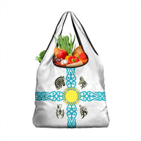 Kazakhstan National Symbols Grocery Bag with Tribal Animal Crest and Blue Ethnic Motif on White