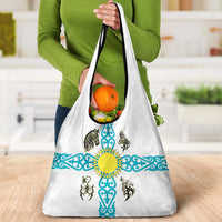 Kazakhstan National Symbols Grocery Bag with Tribal Animal Crest and Blue Ethnic Motif on White