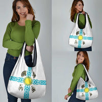 Kazakhstan National Symbols Grocery Bag with Tribal Animal Crest and Blue Ethnic Motif on White