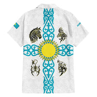 Kazakhstan National Symbols Hawaiian Shirt with Tribal Animal Crest and Blue Ethnic Motif on White