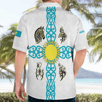Kazakhstan National Symbols Hawaiian Shirt with Tribal Animal Crest and Blue Ethnic Motif on White