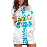 Kazakhstan National Symbols Hoodie Dress with Tribal Animal Crest and Blue Ethnic Motif on White