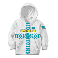Kazakhstan National Symbols Kid Hoodie with Tribal Animal Crest and Blue Ethnic Motif on White