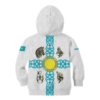 Kazakhstan National Symbols Kid Hoodie with Tribal Animal Crest and Blue Ethnic Motif on White