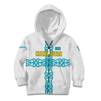 Kazakhstan National Symbols Kid Hoodie with Tribal Animal Crest and Blue Ethnic Motif on White