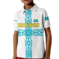 Kazakhstan National Symbols Kid Polo Shirt with Tribal Animal Crest and Blue Ethnic Motif on White