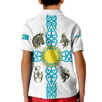 Kazakhstan National Symbols Kid Polo Shirt with Tribal Animal Crest and Blue Ethnic Motif on White