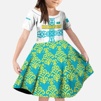 Kazakhstan National Symbols Kid Short Sleeve Dress with Tribal Animal Crest and Blue Ethnic Motif on White