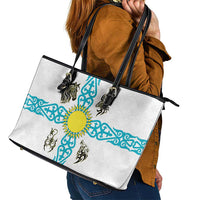Kazakhstan National Symbols Leather Tote Bag with Tribal Animal Crest and Blue Ethnic Motif on White
