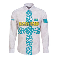 Kazakhstan National Symbols Long Sleeve Button Shirt with Tribal Animal Crest and Blue Ethnic Motif on White