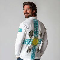 Kazakhstan National Symbols Long Sleeve Polo Shirt with Tribal Animal Crest and Blue Ethnic Motif on White