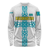 Kazakhstan National Symbols Long Sleeve Shirt with Tribal Animal Crest and Blue Ethnic Motif on White