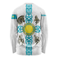 Kazakhstan National Symbols Long Sleeve Shirt with Tribal Animal Crest and Blue Ethnic Motif on White