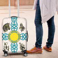 Kazakhstan National Symbols Luggage Cover with Tribal Animal Crest and Blue Ethnic Motif on White