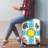 Kazakhstan National Symbols Luggage Cover with Tribal Animal Crest and Blue Ethnic Motif on White