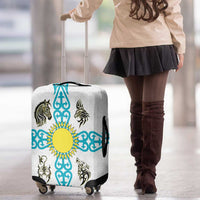 Kazakhstan National Symbols Luggage Cover with Tribal Animal Crest and Blue Ethnic Motif on White