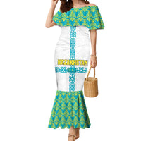Kazakhstan National Symbols Mermaid Dress with Tribal Animal Crest and Blue Ethnic Motif on White