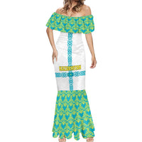 Kazakhstan National Symbols Mermaid Dress with Tribal Animal Crest and Blue Ethnic Motif on White