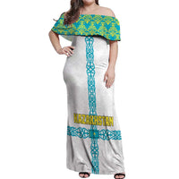 Kazakhstan National Symbols Off Shoulder Maxi Dress with Tribal Animal Crest and Blue Ethnic Motif on White