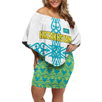 Kazakhstan National Symbols Off Shoulder Short Dress with Tribal Animal Crest and Blue Ethnic Motif on White