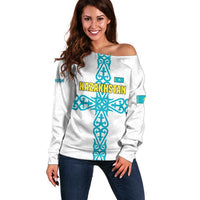 Kazakhstan National Symbols Off Shoulder Sweater with Tribal Animal Crest and Blue Ethnic Motif on White
