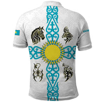Kazakhstan National Symbols Polo Shirt with Tribal Animal Crest and Blue Ethnic Motif on White