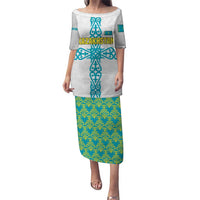 Kazakhstan National Symbols Puletasi with Tribal Animal Crest and Blue Ethnic Motif on White