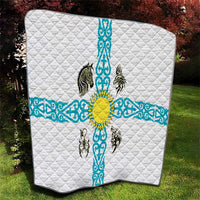 Kazakhstan National Symbols Quilt with Tribal Animal Crest and Blue Ethnic Motif on White