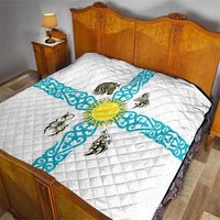 Kazakhstan National Symbols Quilt with Tribal Animal Crest and Blue Ethnic Motif on White