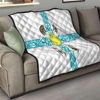 Kazakhstan National Symbols Quilt with Tribal Animal Crest and Blue Ethnic Motif on White