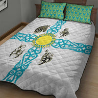 Kazakhstan National Symbols Quilt Bed Set with Tribal Animal Crest and Blue Ethnic Motif on White