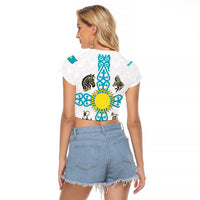 Kazakhstan National Symbols Raglan Cropped T Shirt with Tribal Animal Crest and Blue Ethnic Motif on White