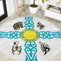 Kazakhstan National Symbols Round Carpet with Tribal Animal Crest and Blue Ethnic Motif on White