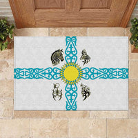 Kazakhstan National Symbols Rubber Doormat with Tribal Animal Crest and Blue Ethnic Motif on White
