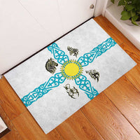 Kazakhstan National Symbols Rubber Doormat with Tribal Animal Crest and Blue Ethnic Motif on White