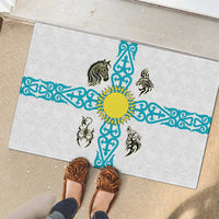Kazakhstan National Symbols Rubber Doormat with Tribal Animal Crest and Blue Ethnic Motif on White