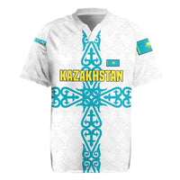 Kazakhstan National Symbols Rugby Jersey with Tribal Animal Crest and Blue Ethnic Motif on White