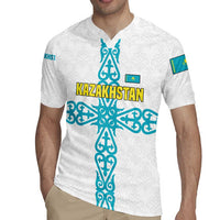 Kazakhstan National Symbols Rugby Jersey with Tribal Animal Crest and Blue Ethnic Motif on White