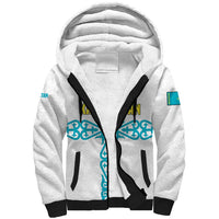 Kazakhstan National Symbols Sherpa Hoodie with Tribal Animal Crest and Blue Ethnic Motif on White