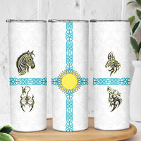 Kazakhstan National Symbols Skinny Tumbler with Tribal Animal Crest and Blue Ethnic Motif on White