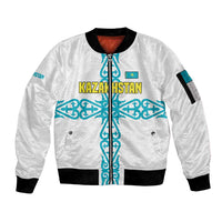 Kazakhstan National Symbols Sleeve Zip Bomber Jacket with Tribal Animal Crest and Blue Ethnic Motif on White