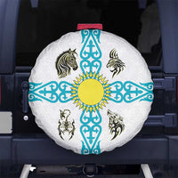 Kazakhstan National Symbols Spare Tire Cover with Tribal Animal Crest and Blue Ethnic Motif on White