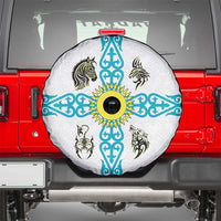 Kazakhstan National Symbols Spare Tire Cover with Tribal Animal Crest and Blue Ethnic Motif on White