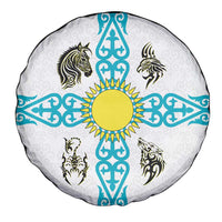 Kazakhstan National Symbols Spare Tire Cover with Tribal Animal Crest and Blue Ethnic Motif on White
